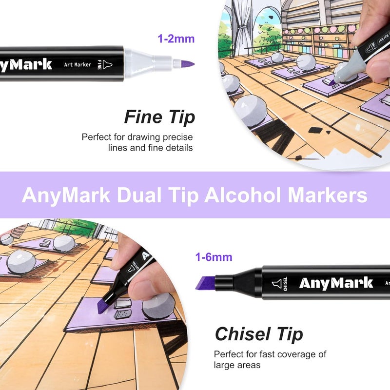 Anymark Alcohol Markers, 48 Colors Dual Tip Art Coloring Markers Set for Adult Book Drawing Sketching Painting, Chisel & Fine, Black Penholder - Image 2